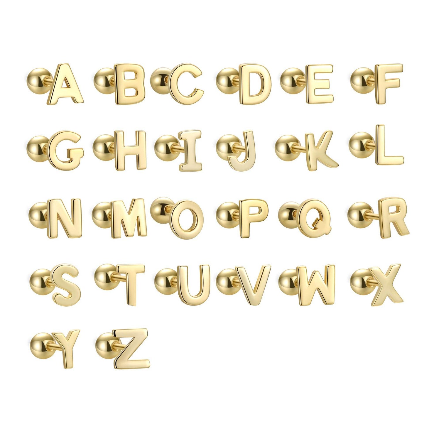 S925 Sterling Silver Glossy 26 Letters Screw Pin Ear Studs - Here2Save
