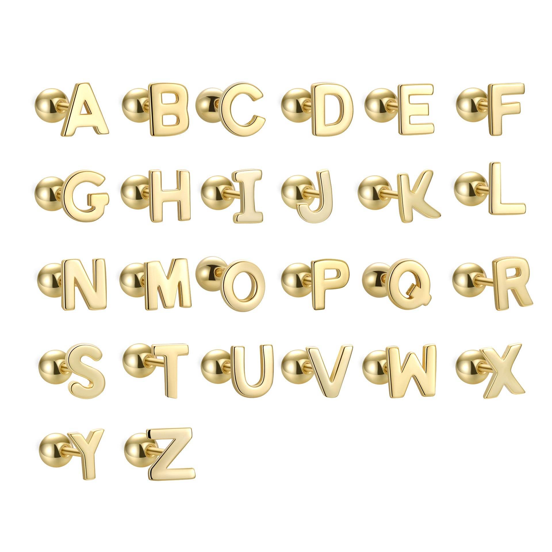 S925 Sterling Silver Glossy 26 Letters Screw Pin Ear Studs - Here2Save