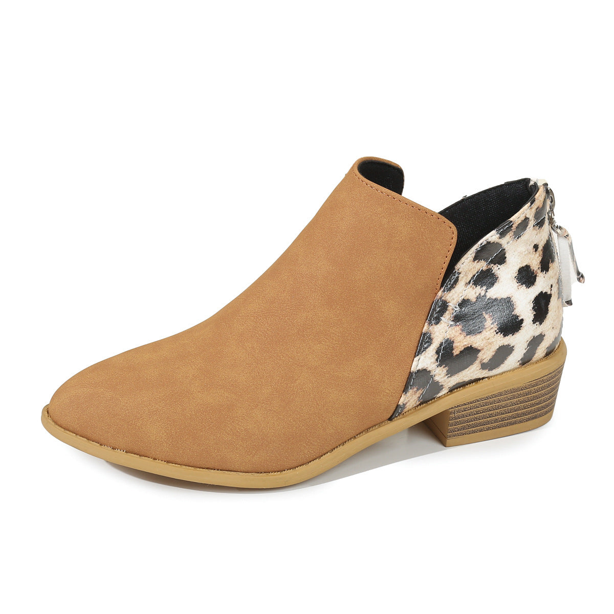 Botas con estampado de leopardo de moda Zapatos con cremallera trasera y tacón grueso con punta estrecha para mujer