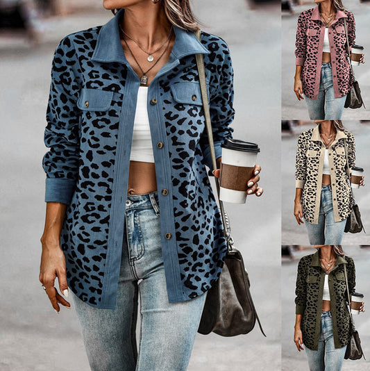 Abrigo camisero con estampado de leopardo Chaqueta de manga larga con botones a la moda para mujer