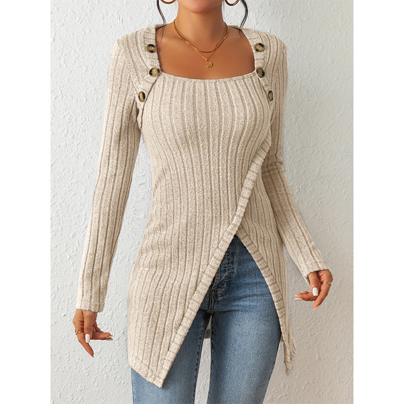 Woman Square-neck Off-shoulder Slit Sweater