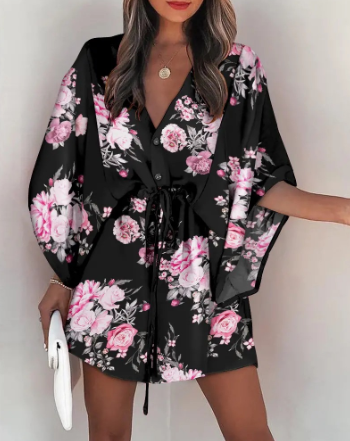 Women's V-Neck Tie Printed Beach Dress