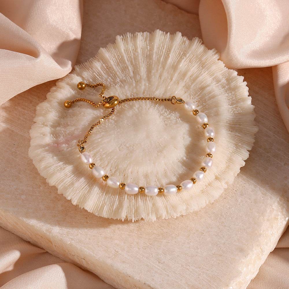 Stainless Steel Plated 18k Freshwater Pearl Spacer Beads Drawstring Bracelet - Here2Save
