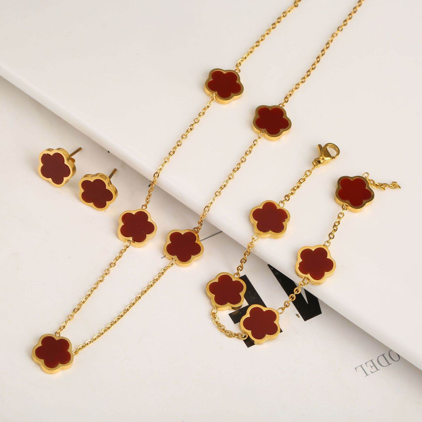 New Stainless Steel Plant Fritillary Five Leaf Petals Earring Bracelet Necklace Jewelry Set Women Cross-border Hot Selling Lot - Here2Save