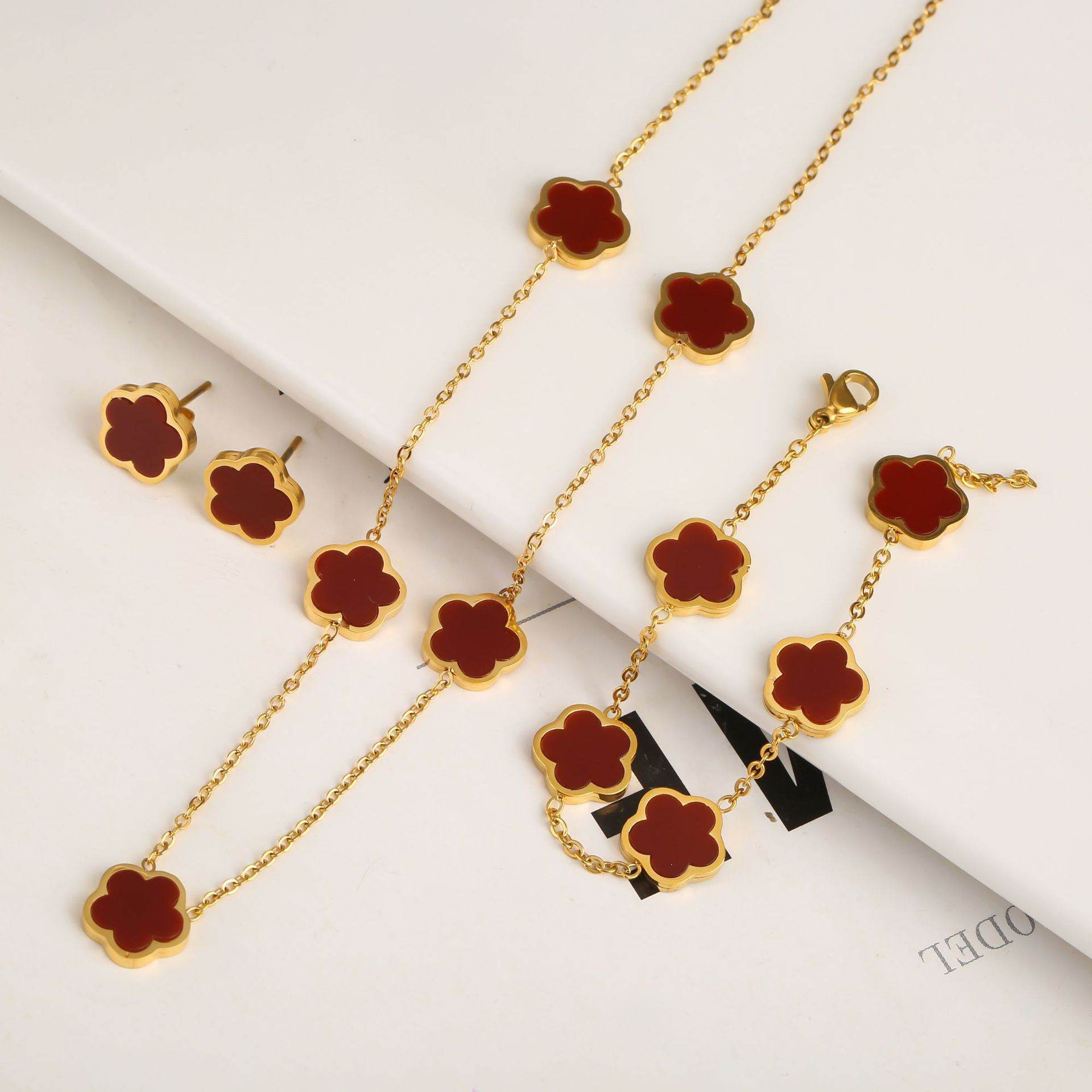 New Stainless Steel Plant Fritillary Five Leaf Petals Earring Bracelet Necklace Jewelry Set Women Cross-border Hot Selling Lot - Here2Save