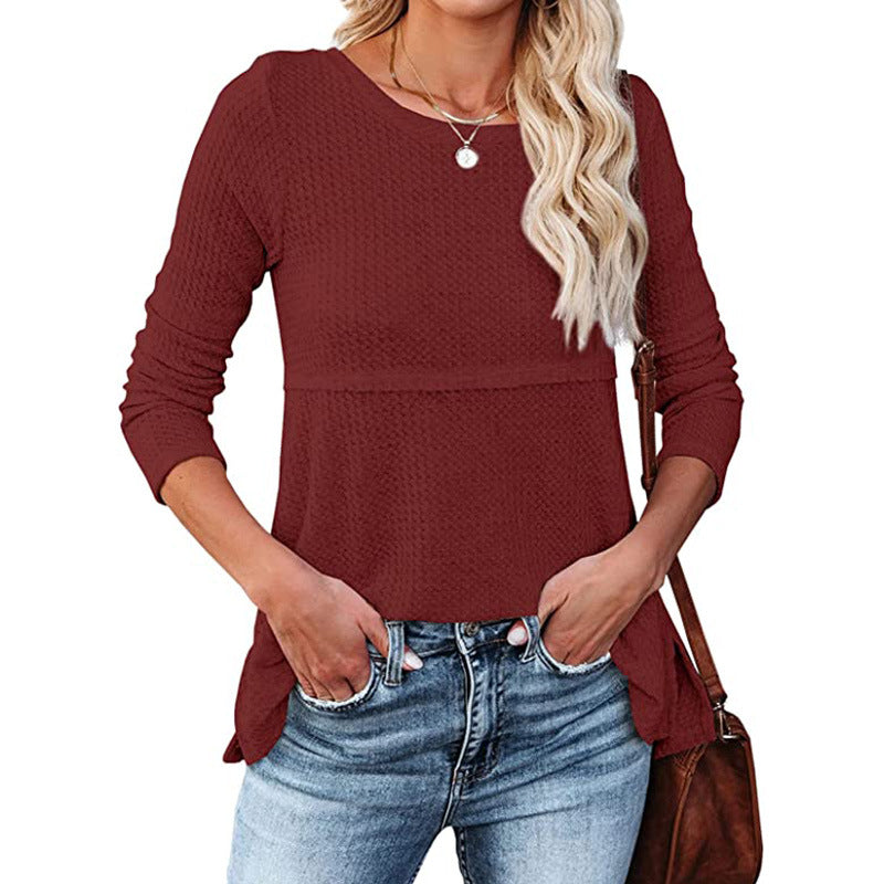 Women's Waffle Fashion Back Hollow Round Neck Long Sleeve Top