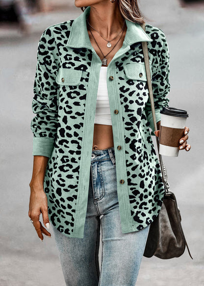 Abrigo camisero con estampado de leopardo Chaqueta de manga larga con botones a la moda para mujer