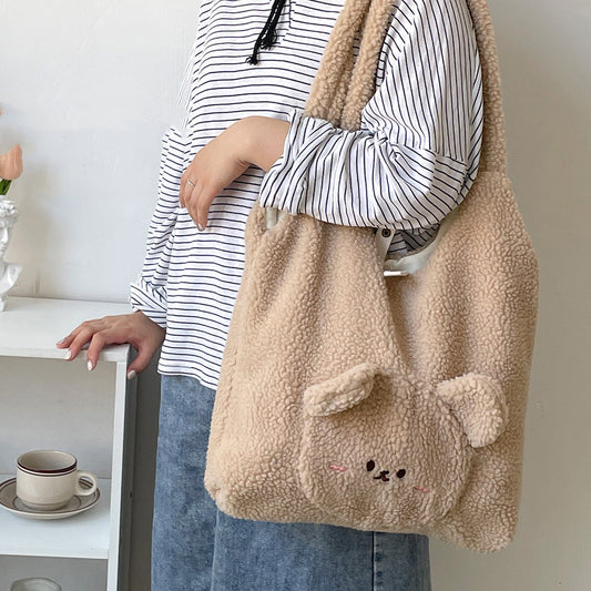 Bolso personalizado para mujer, bolso de hombro de lana de cordero con oso de dibujos animados en 3D, bolsas de compras diarias de alta capacidad para invierno, bolsos de estilo universitario para niñas