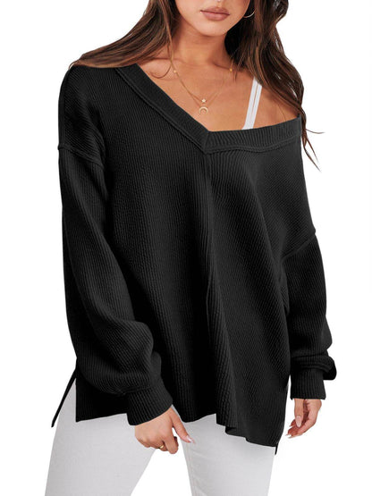 Fashion Lightweight V-neck Sweaters Women Winter Casual Long Sleeve Ribbed Knit Side Slit Pullover Top - Here2Save