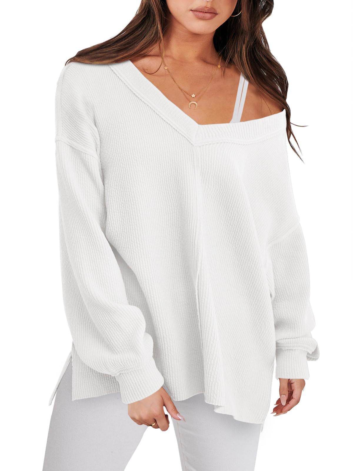 Fashion Lightweight V-neck Sweaters Women Winter Casual Long Sleeve Ribbed Knit Side Slit Pullover Top - Here2Save