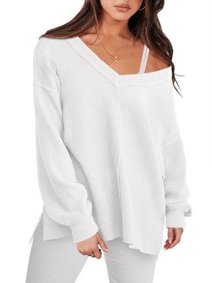 Fashion Lightweight V-neck Sweaters Women Winter Casual Long Sleeve Ribbed Knit Side Slit Pullover Top - Here2Save