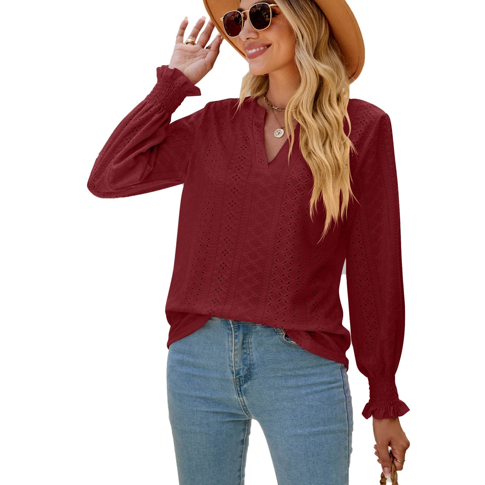 Solid Color Hollow-out Pleated Ruffle Shirts Sleeve V-neck Loose Long Sleeve Tops Women - Here2Save