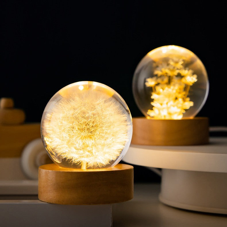 Luminous 3D Dandelion Crystal Ball Beech Wood Stand Base Preserved Flower Sphere Ball Desktop Ornaments Bithday Christmas Gifts - Here2Save