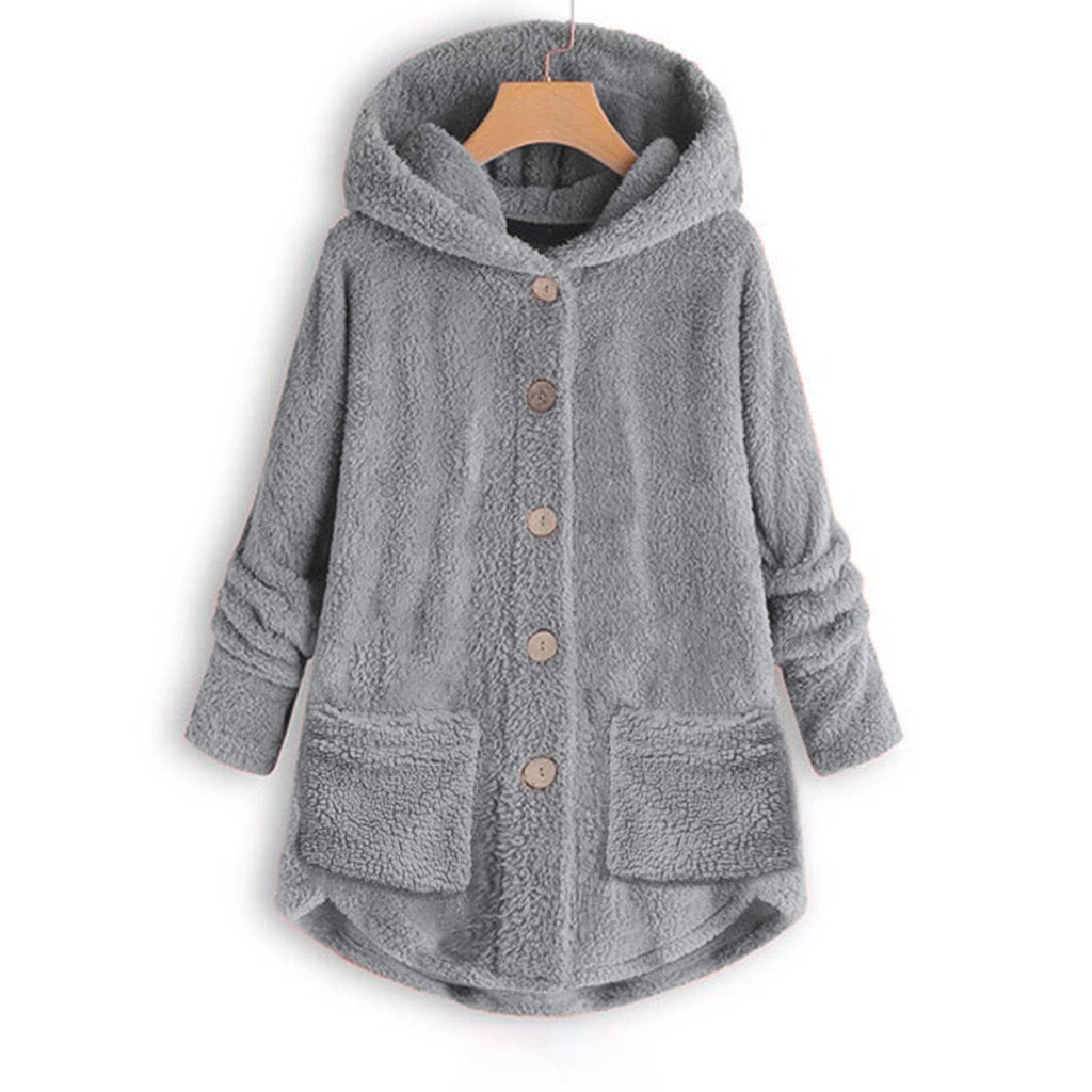 Buttoned Irregular Hooded Plush Top