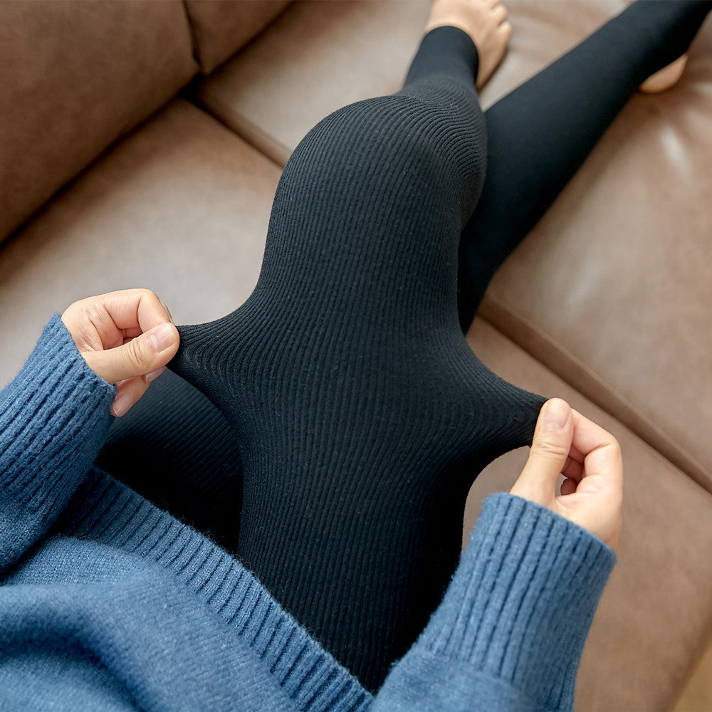 Leggings a rayas de cintura alta, pantalones de Cachemira de imitación de estiramiento alto, gruesos y cálidos para invierno, pantalones ajustados para Fitness para mujer