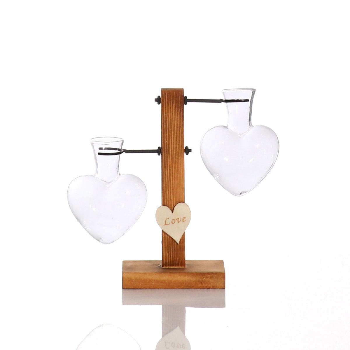 Terrario florero hidropónico de vidrio transparente con forma de corazón de amor, soporte de madera, decoración de mesa de vidrio, florero de planta