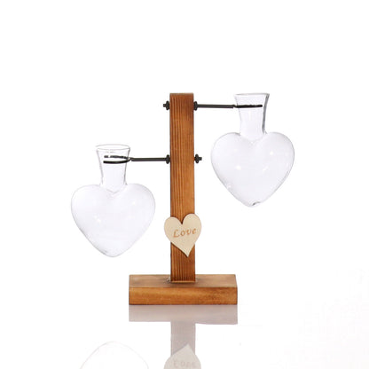 Terrario florero hidropónico de vidrio transparente con forma de corazón de amor, soporte de madera, decoración de mesa de vidrio, florero de planta