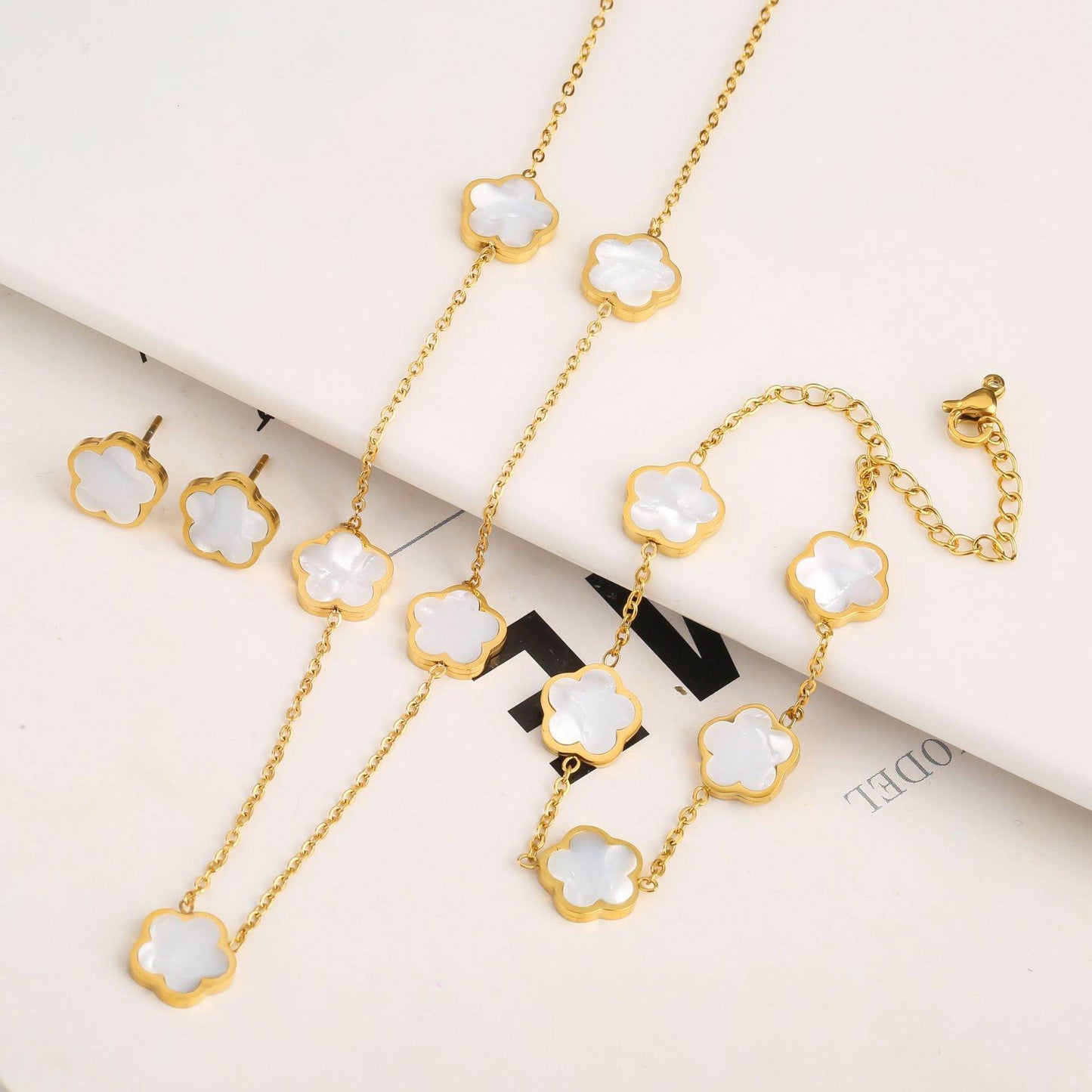 New Stainless Steel Plant Fritillary Five Leaf Petals Earring Bracelet Necklace Jewelry Set Women Cross-border Hot Selling Lot - Here2Save