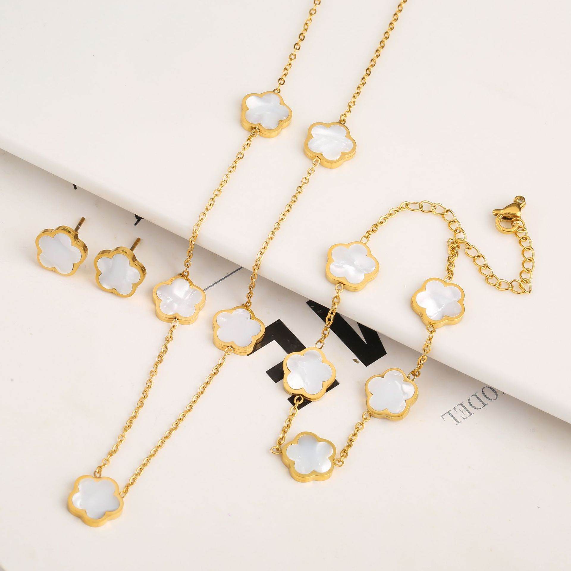 New Stainless Steel Plant Fritillary Five Leaf Petals Earring Bracelet Necklace Jewelry Set Women Cross-border Hot Selling Lot - Here2Save