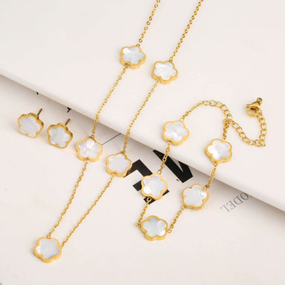 New Stainless Steel Plant Fritillary Five Leaf Petals Earring Bracelet Necklace Jewelry Set Women Cross-border Hot Selling Lot - Here2Save