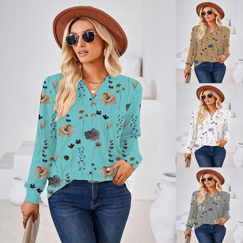 Women's Fashion Casual Printing Button V-neck Long Sleeve