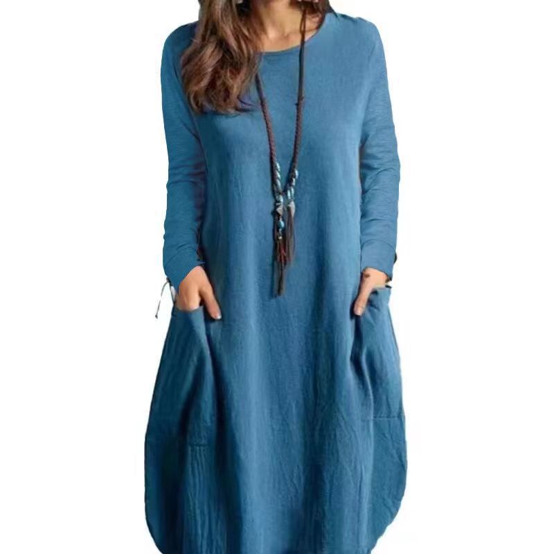 Vestido de manga larga de color sólido informal suelto de algodón y lino de otoño para mujer