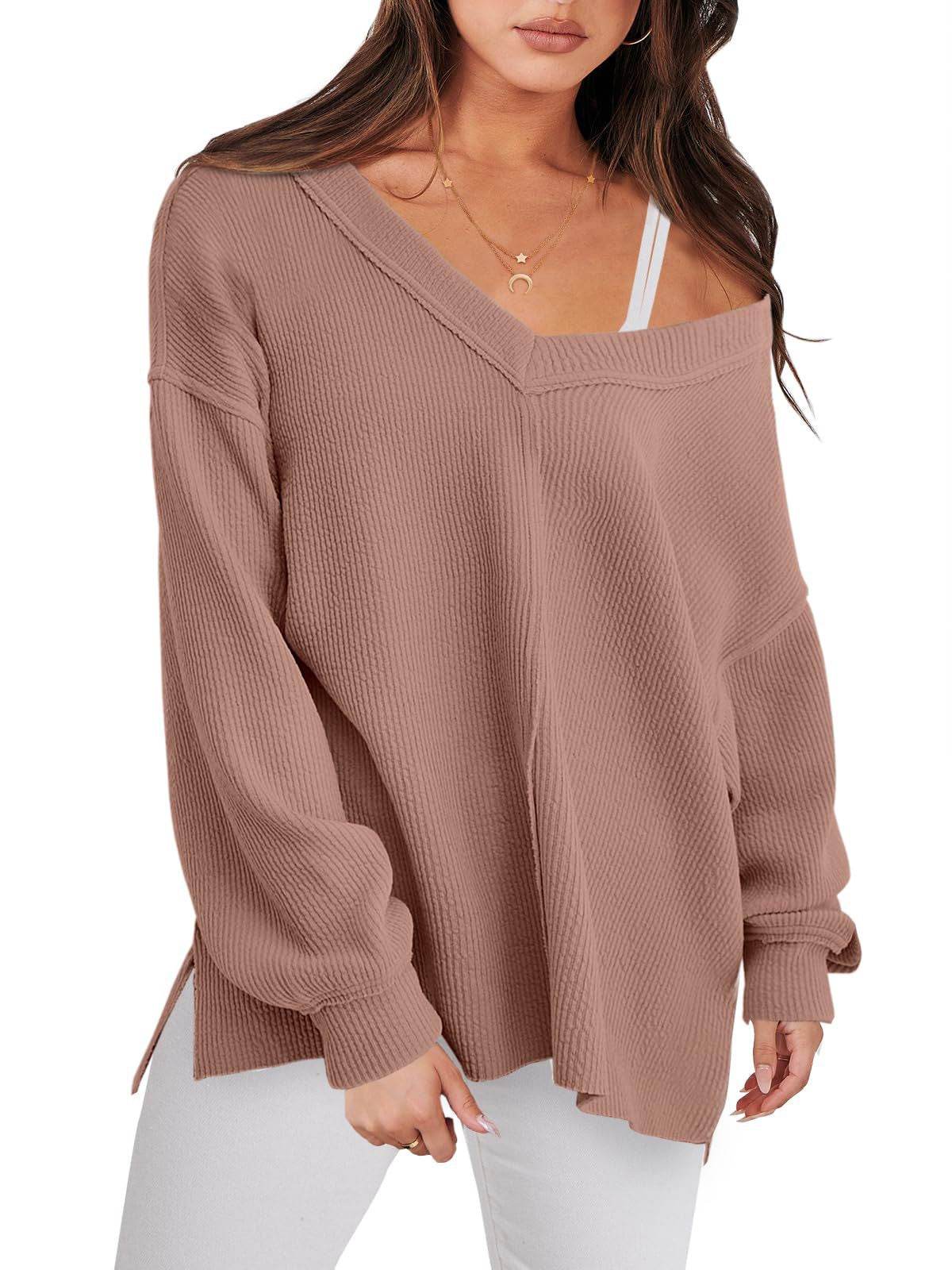 Fashion Lightweight V-neck Sweaters Women Winter Casual Long Sleeve Ribbed Knit Side Slit Pullover Top - Here2Save