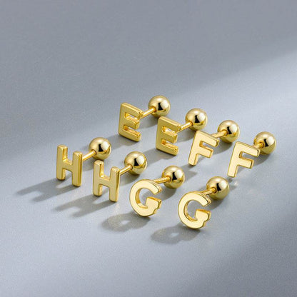 S925 Sterling Silver Glossy 26 Letters Screw Pin Ear Studs - Here2Save