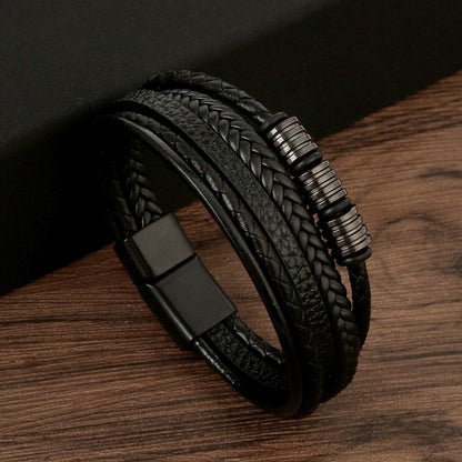 Stainless Steel Men's Leather Magnetic Buckle Woven Bracelet - Here2Save