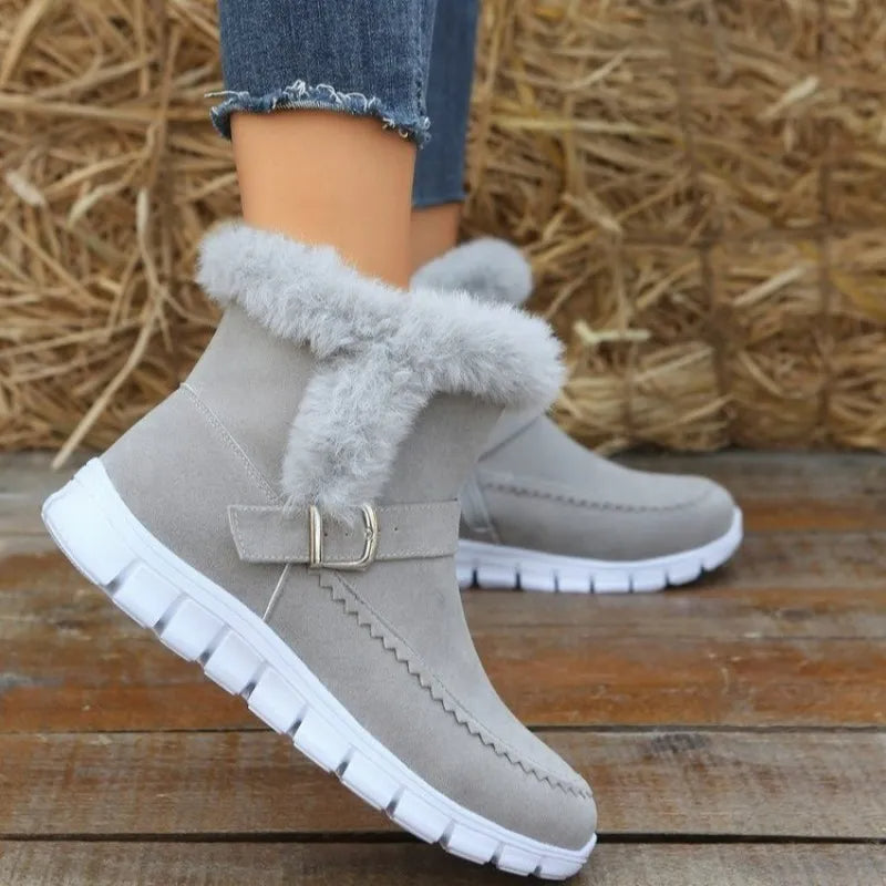 Nuevas botas de nieve, botines de felpa de Color sólido gruesos y cálidos para invierno con diseño de hebilla, además de zapatos planos de terciopelo para mujer