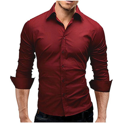 Camisa formal simple de color sólido de manga larga ajustada para hombre