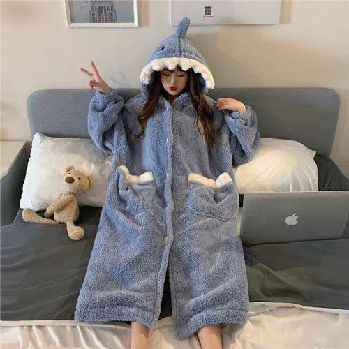 Autumn And Winter Coral Fleece Nightdress Female Cute Cartoon Dinosaur Nightgown Female