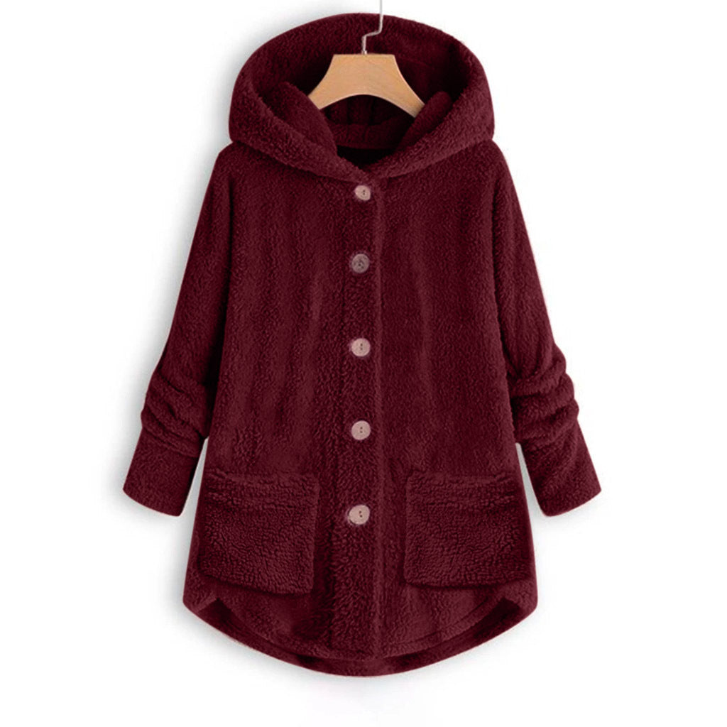 Buttoned Irregular Hooded Plush Top