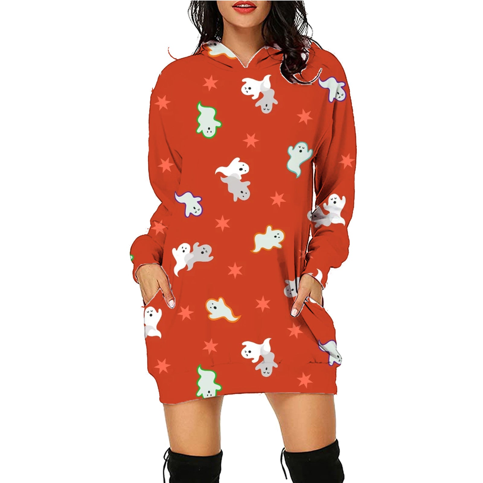 Halloween Print Long Hoodie With Pockets Sweater Long Sleeve Clothes Women - Here2Save